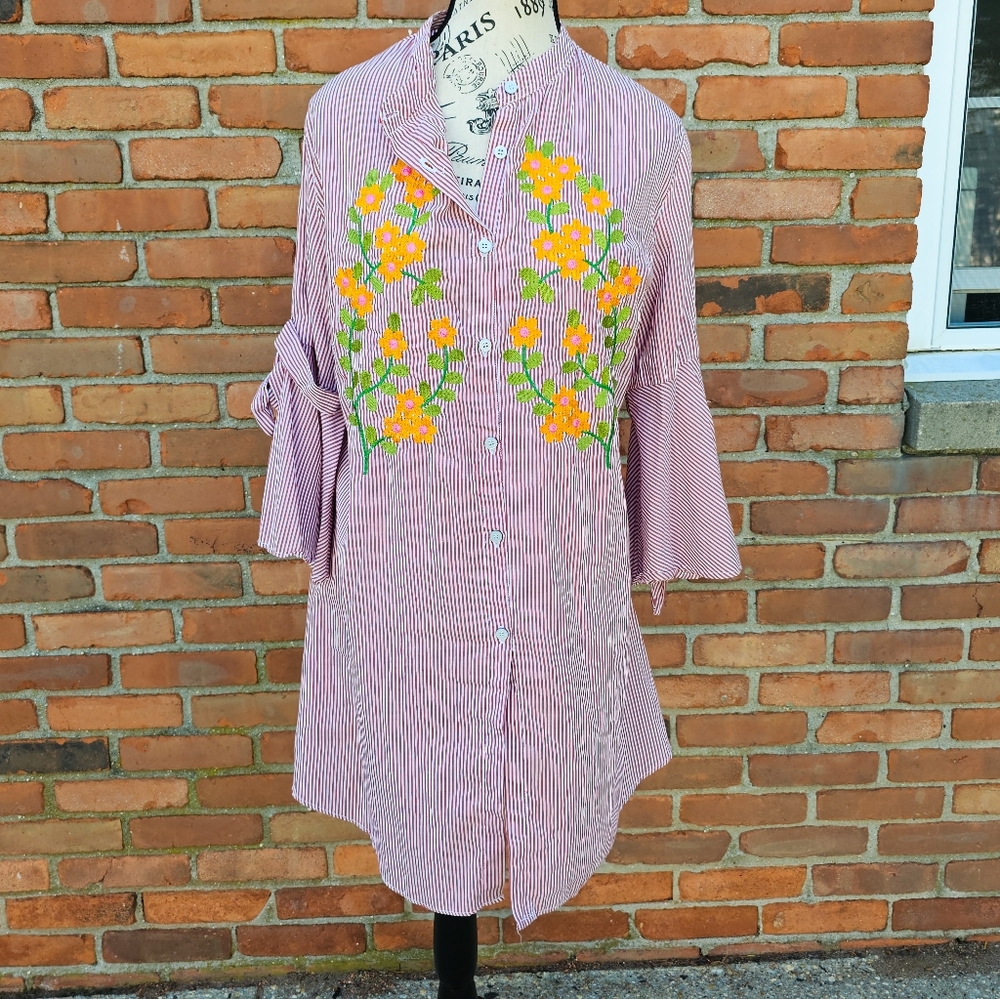 NEW S.F. Garments Striped Floral Embroidered Tunic Dress